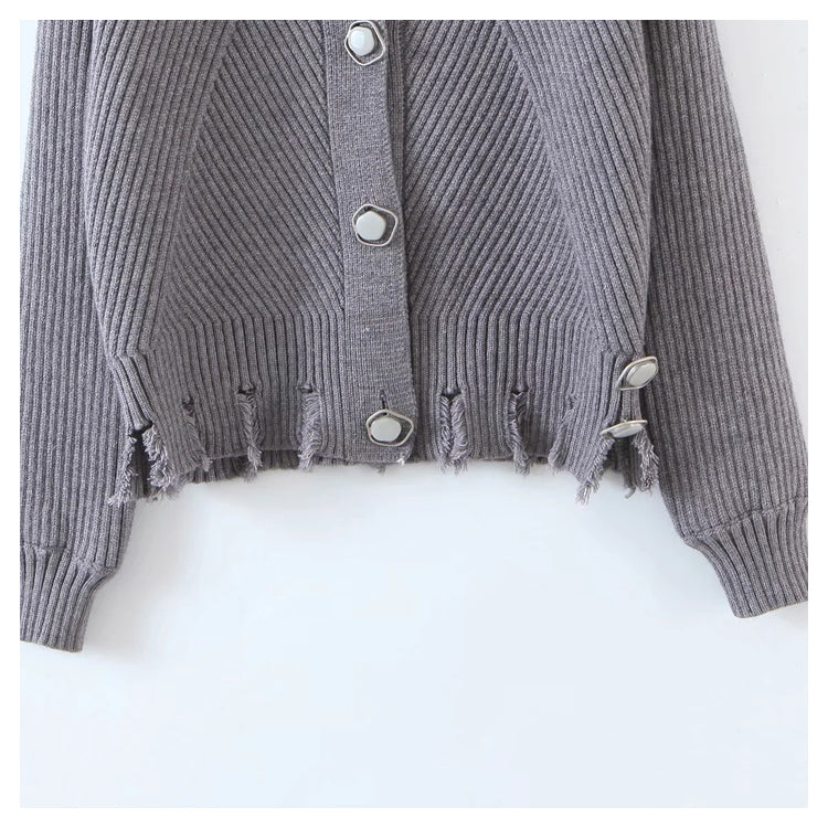 Irregular button round neck long sleeve knitted cardigan sweater  7358