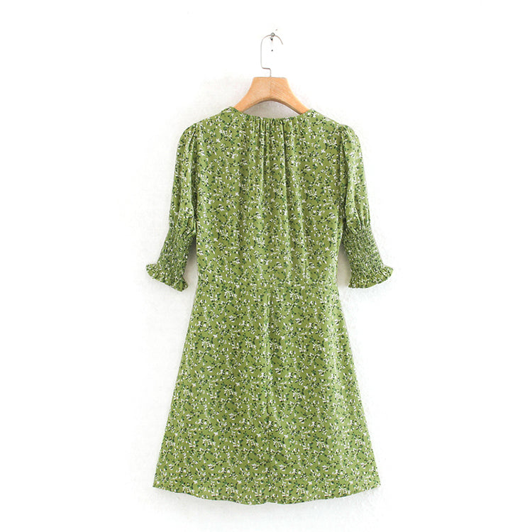 Light luxury holiday style French minority printed front breasted dress  7043