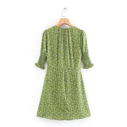 Light luxury holiday style French minority printed front breasted dress  7043