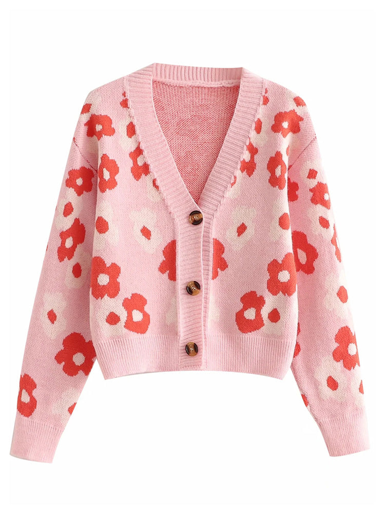 V-neck button flower jacquard loose thin knitted cardigan top  7276