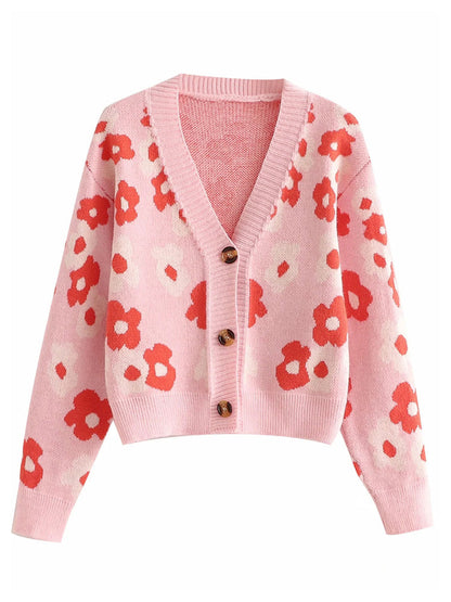 V-neck button flower jacquard loose thin knitted cardigan top  7276