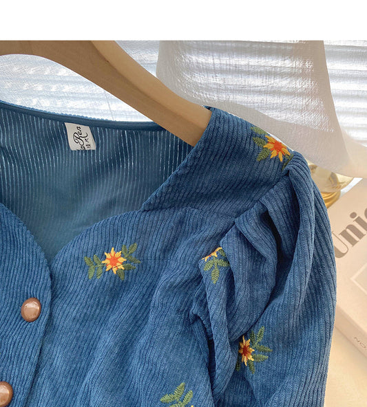 Vintage small V-Neck long sleeve corduroy blouse  6309