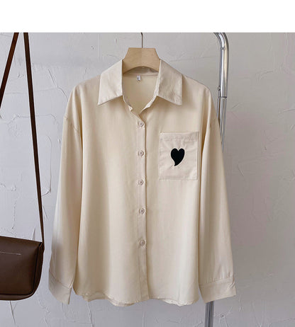 Loose long sleeve shirt personalized love pocket Lapel top  6430
