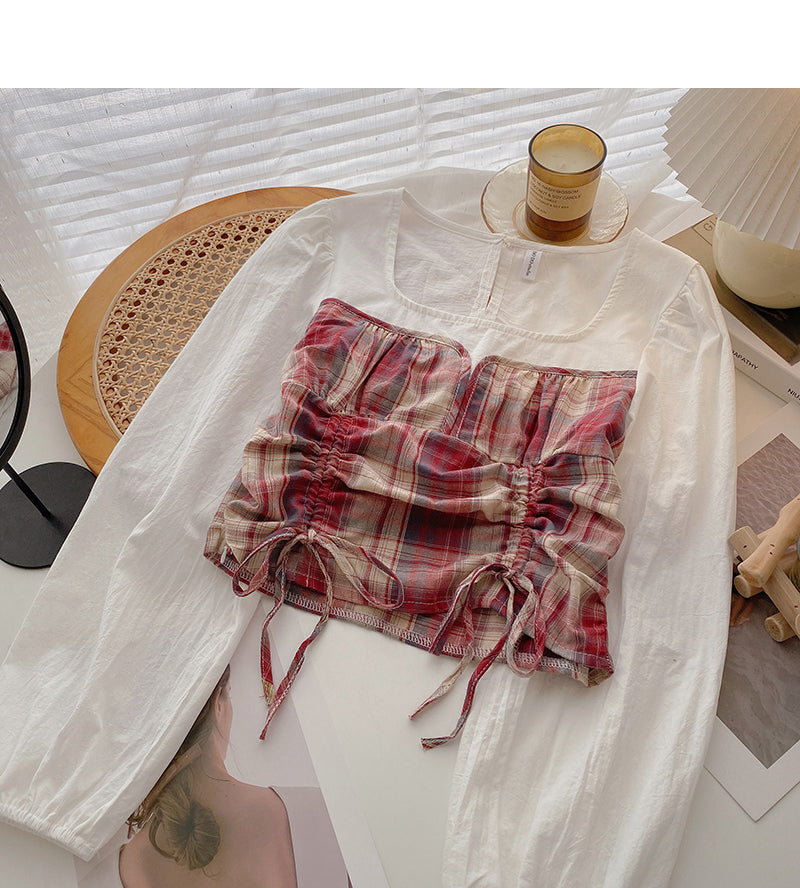 Plaid stitched shirt drawstring fake two tops  6378