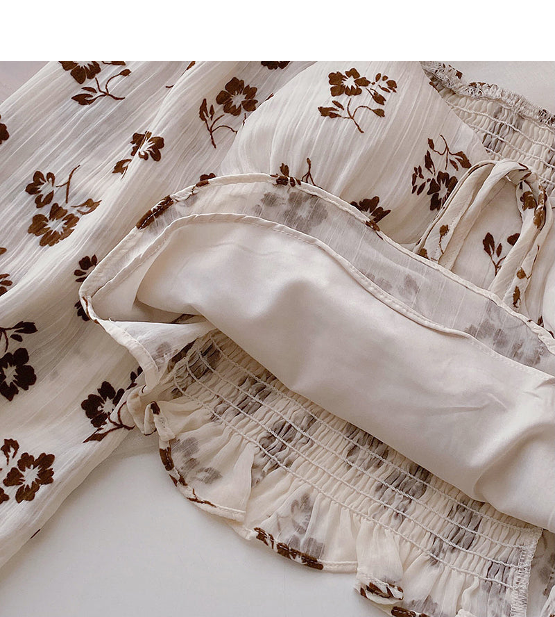 Design sense floral shirt square neck lace up long sleeve top  6436
