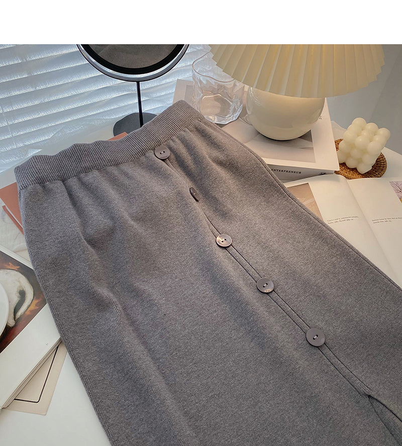 Design sense single breasted split A-line slim Knit Skirt  5741