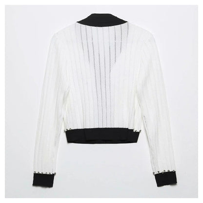 Xiaoxiangfeng V-neck heavy industry rivet bow knit cardigan  7294