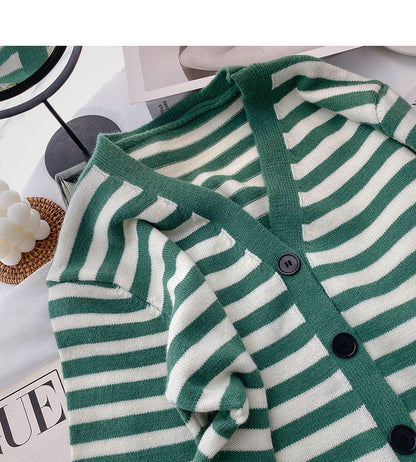 Vintage long sleeve knitted cardigan stripe V-neck casual top  6634