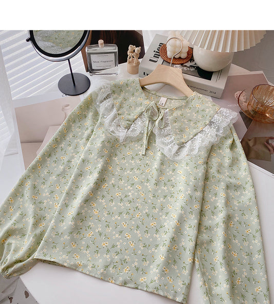 Lace lace up baby collar Floral Shirt  6371