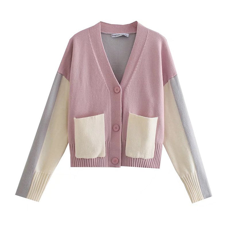 V-neck contrast color design knitted cardigan loose lazy coat sweater  7418