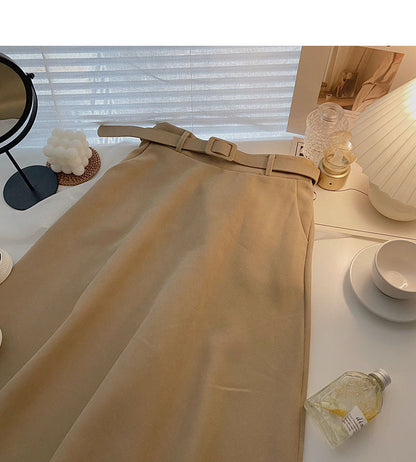 Design sense of minority foreign style high waist mid length skirt with belt  5727