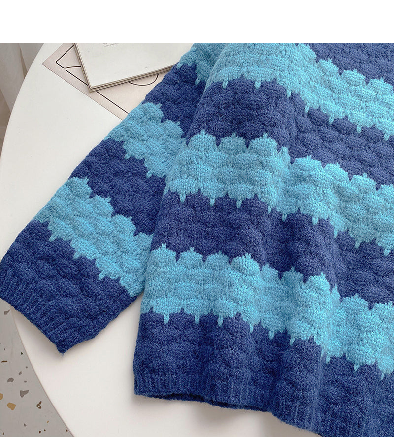 Lazy wind stripe color matching sweater is retro and simple  5992