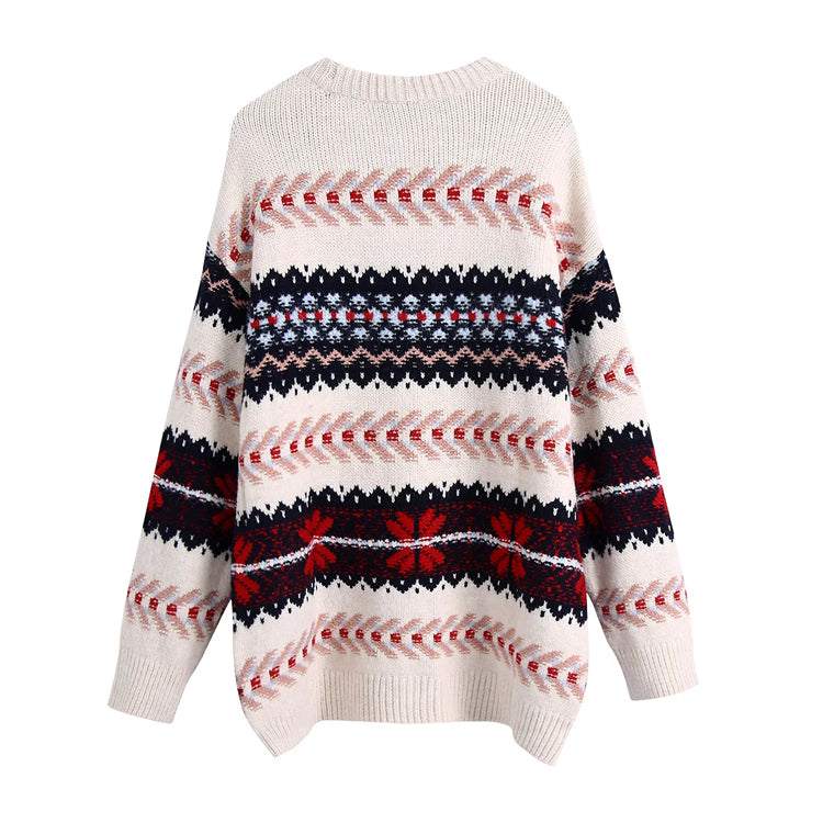Lazy jacquard loose knit stitched Vintage sweater  7490