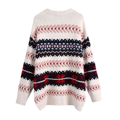 Lazy jacquard loose knit stitched Vintage sweater  7490