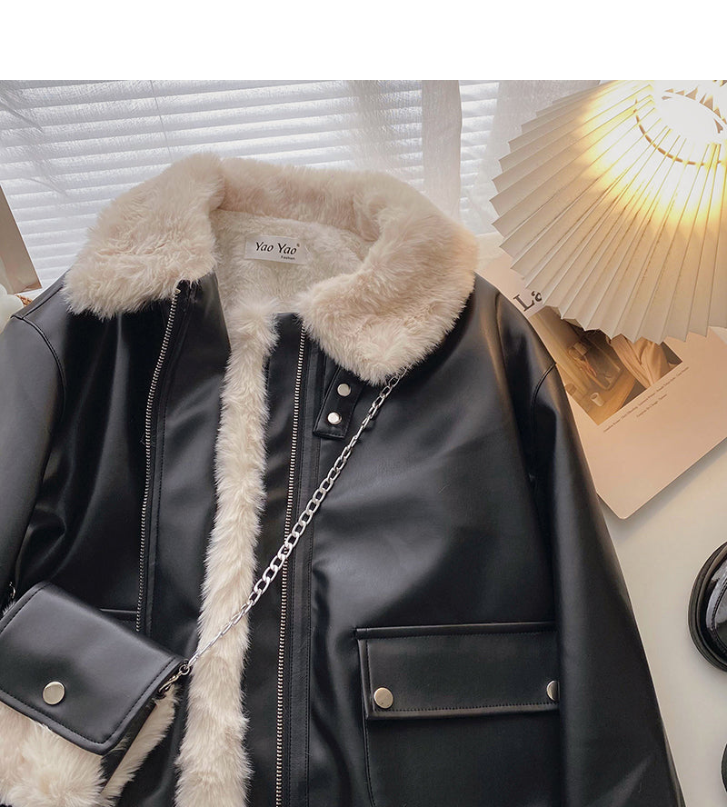 Plush coat fashion retro loose long sleeved PU leather clothes delivery bag  6220