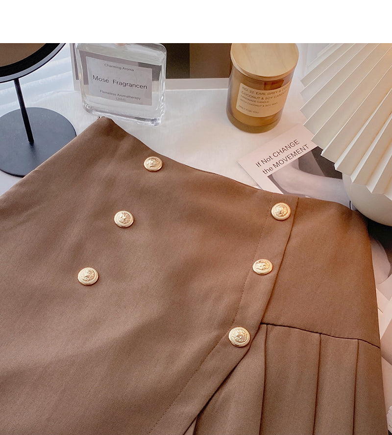 New design personalized double row button high waist A-line pleated skirt  5647
