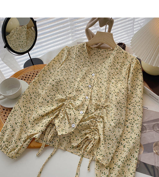 Design sense of foreign style floral shirt drawstring fold  6412