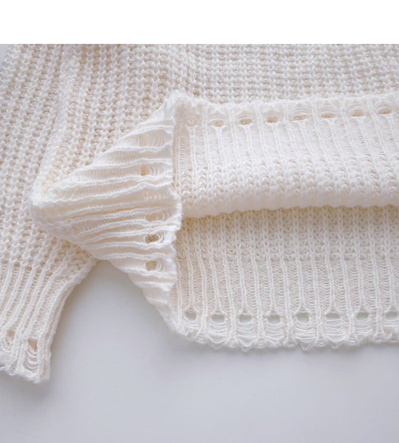 Hollow out knitted sweater casual solid color long sleeve top  6131