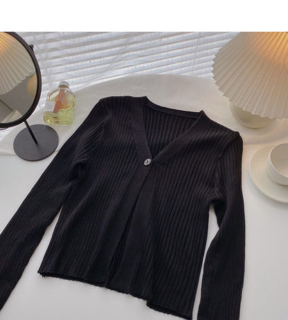 Candy V-neck one button cardigan versatile long sleeve short top  6534