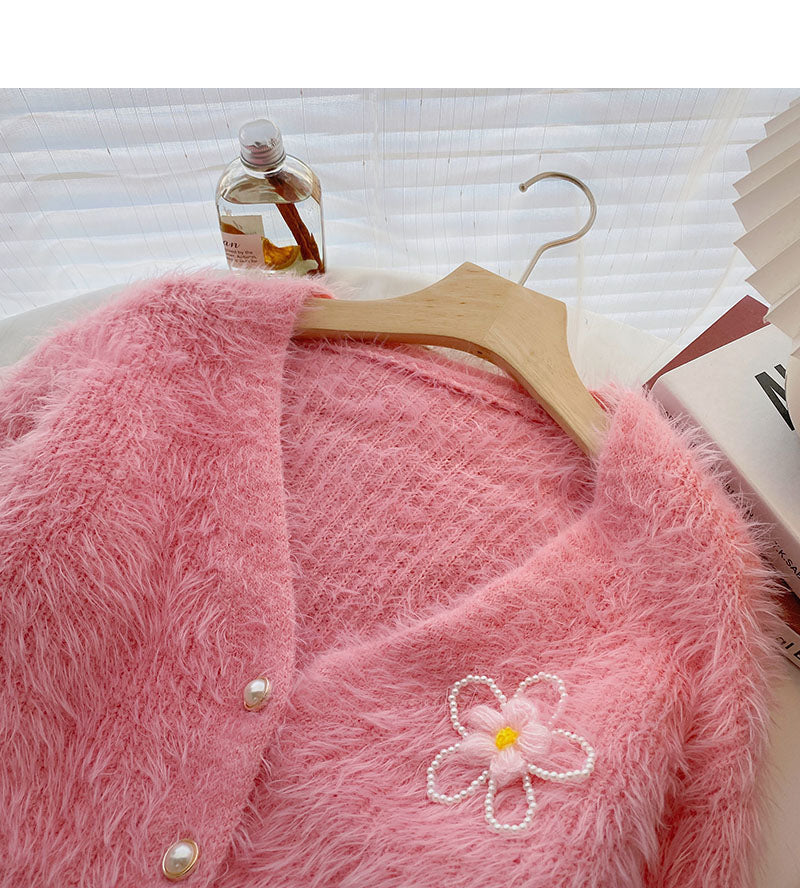 Mohair sweater small flower nail bead top cardigan  6093
