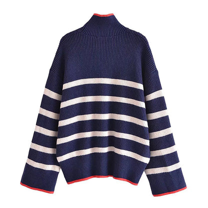 Loose Vintage high neck contrast striped sweater sweater sweater  7347