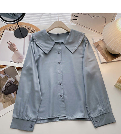 Solid color baby collar shirt long sleeve single breasted top  6422