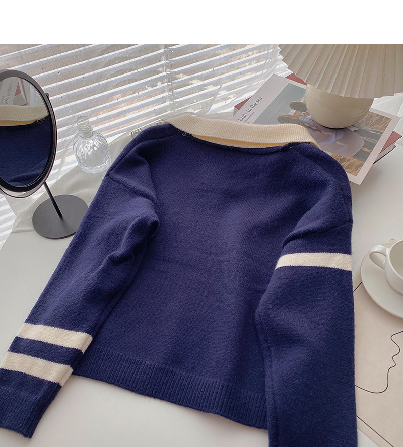 Slim and age reducing color matching Lapel Pullover long sleeve top  5912