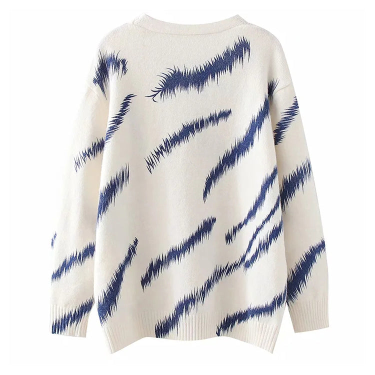 Lazy style printed V-Neck Sweater Cardigan  7309