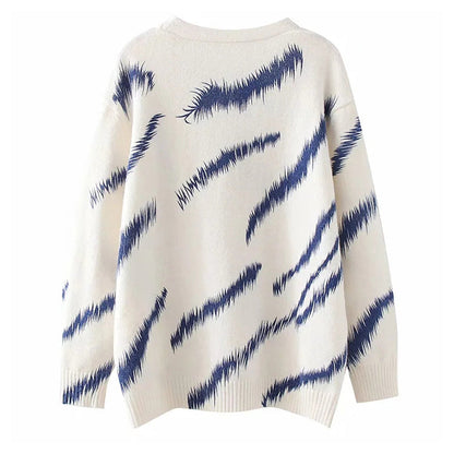 Lazy style printed V-Neck Sweater Cardigan  7309