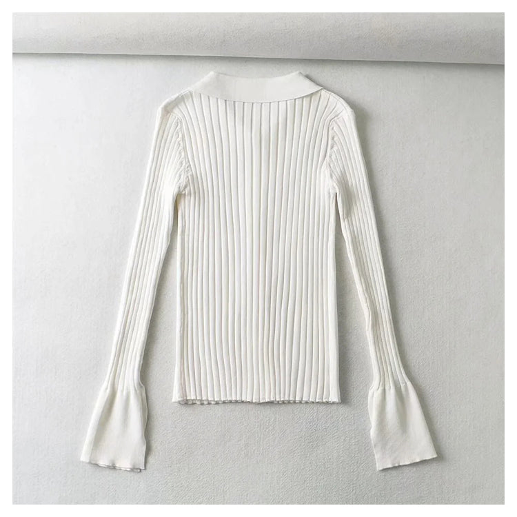 Single breasted flare sleeve pit stripe solid color sweater  7384