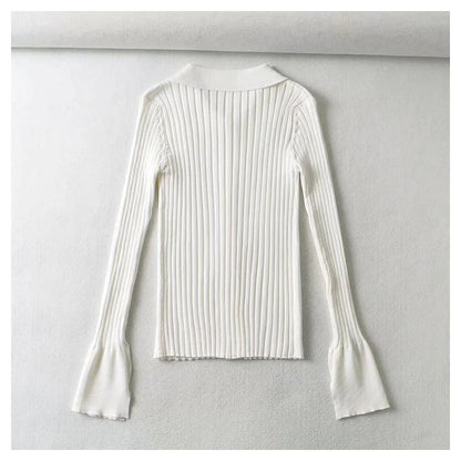 Single breasted flare sleeve pit stripe solid color sweater  7384