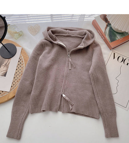 Cardigan knit Hooded Jacket versatile long sleeve top  6522