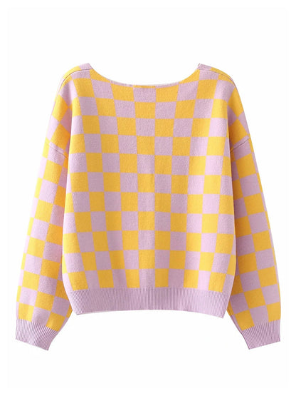 New contrast checkerboard checkered casual knitted cardigan  7240
