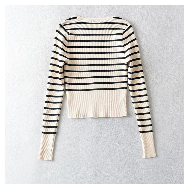U-neck striped long sleeve slim bottomed sweater for women  7340