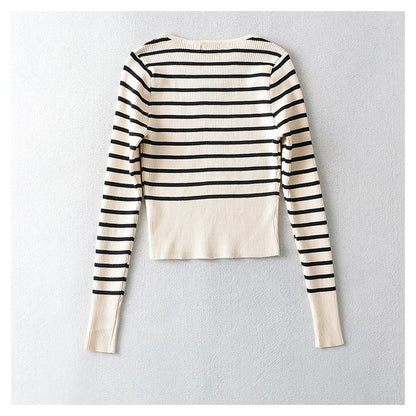 U-neck striped long sleeve slim bottomed sweater for women  7340