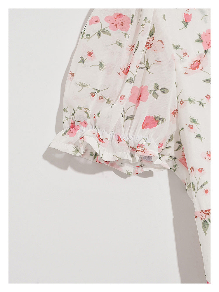 The new broken flower slim slim temperament high waist split fresh and gentle dress  7024
