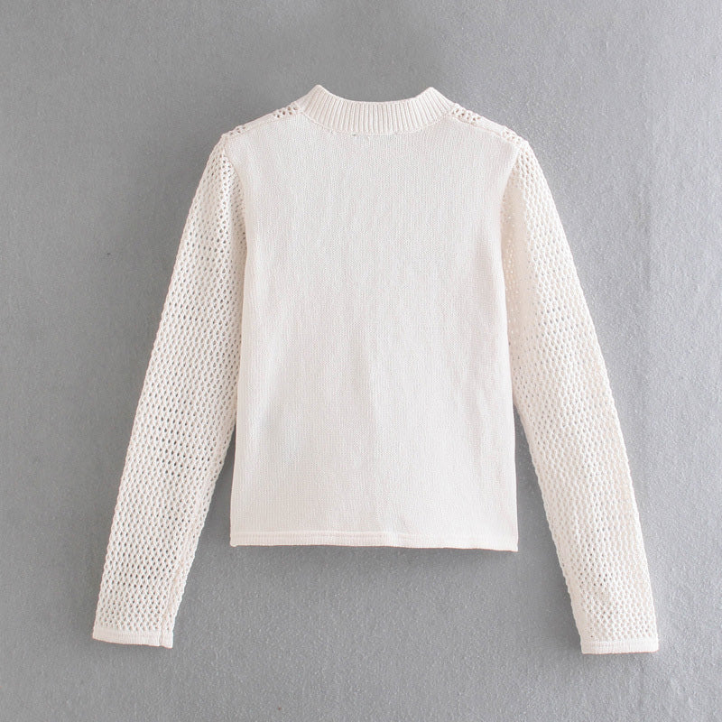 New sweet age reduction hollow out detail half high neck Knitted Top  7341