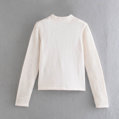 New sweet age reduction hollow out detail half high neck Knitted Top  7341