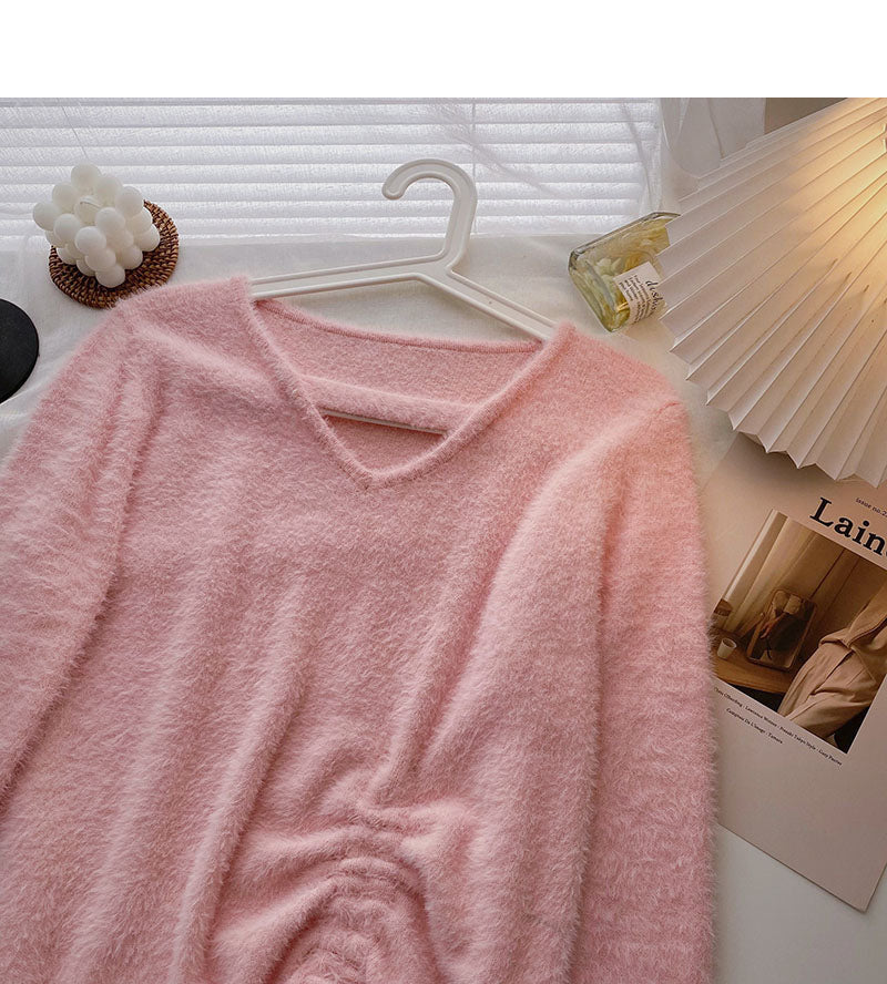Imitation mink sweater niche V-neck drawstring slim top  6577