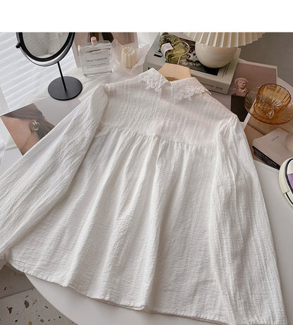 Cut out lace Lapel foreign style long sleeve top  6370