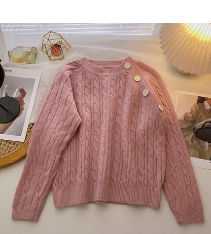 Design sense personalized diagonal button round neck Pullover versatile top  6032