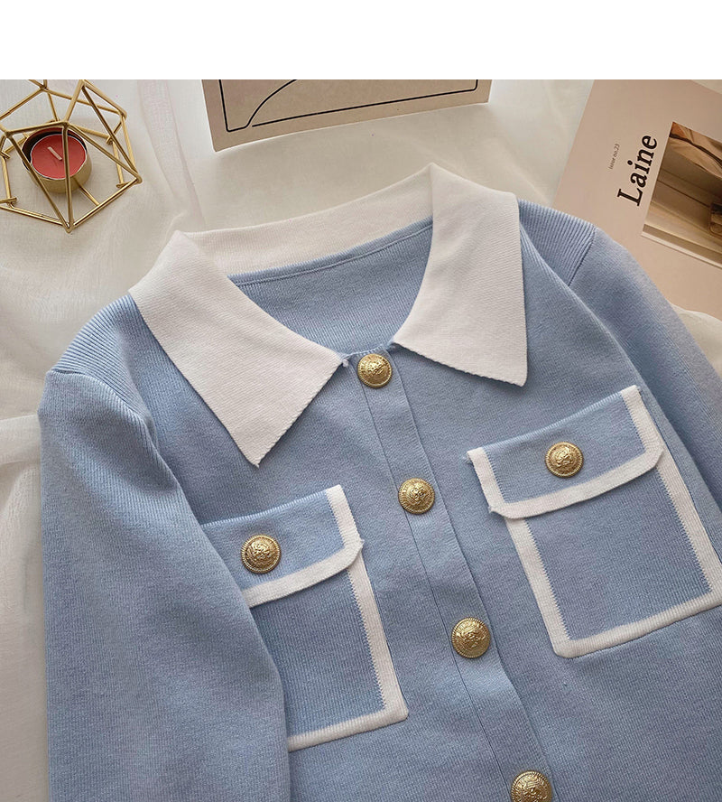 Korean version single row small pocket design contrast color long sleeve top  6669