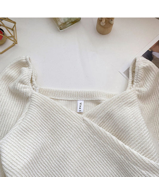 Korean irregular cross short slim long sleeve collarbone leakage top  6345