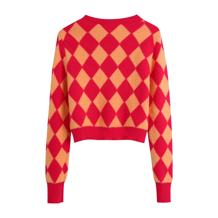Fashion aging diamond check color blocking knitted short sweater  7521