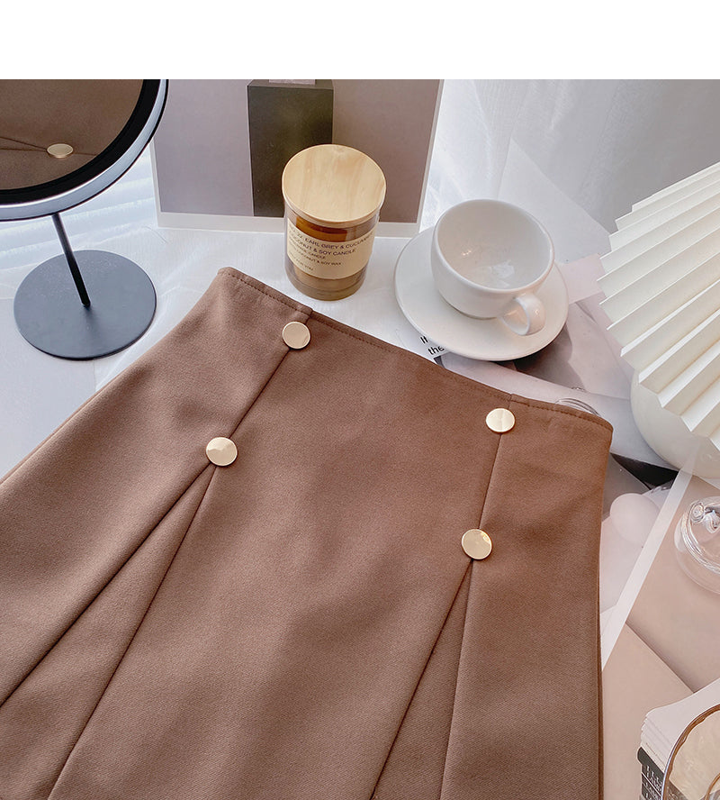 Niche design double row buttons show thin crimp high waist skirt  5652