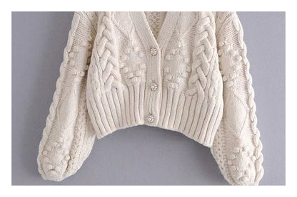 French retro twist knitted cardigan V-neck Lantern Sleeve Sweater  7173