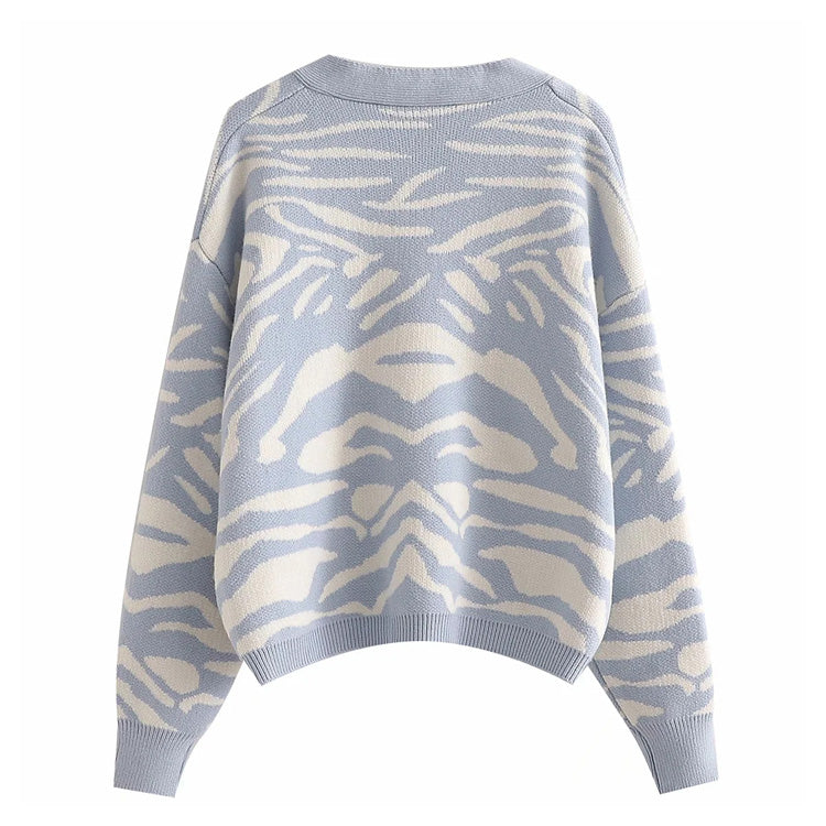 Versatile animal jacquard V-Neck long sleeve loose knit cardigan coat  7247