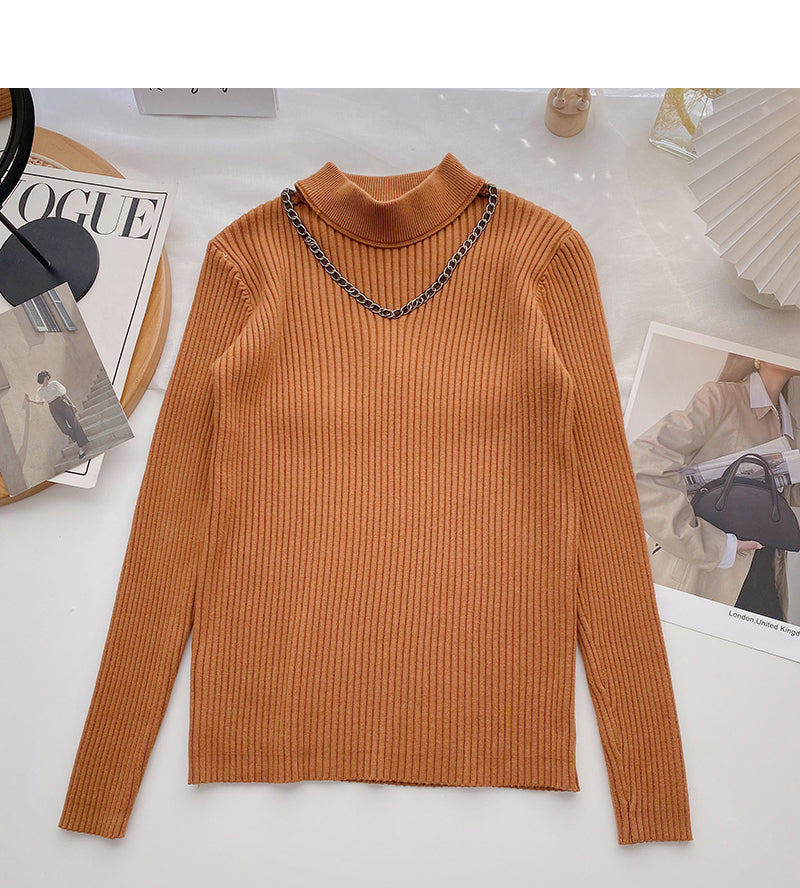 Design sense knitwear stand collar chain long sleeve top  6527