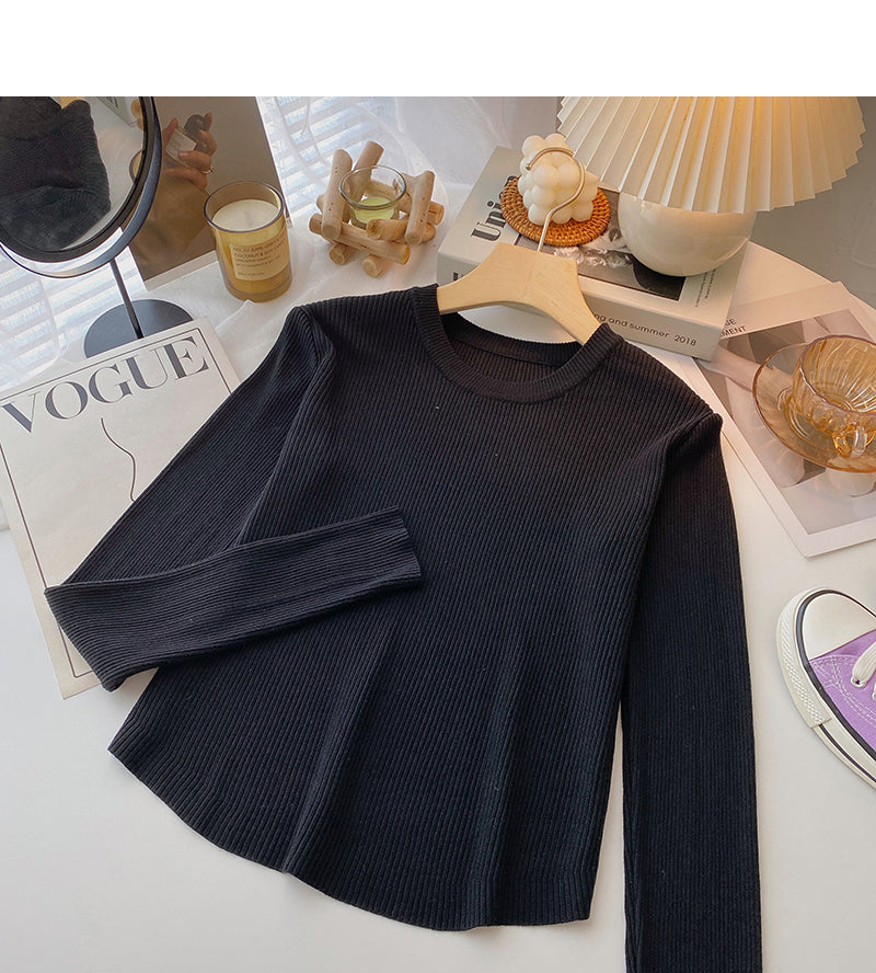 Knit bottomed shirt slim fit short versatile casual long sleeve top  6619