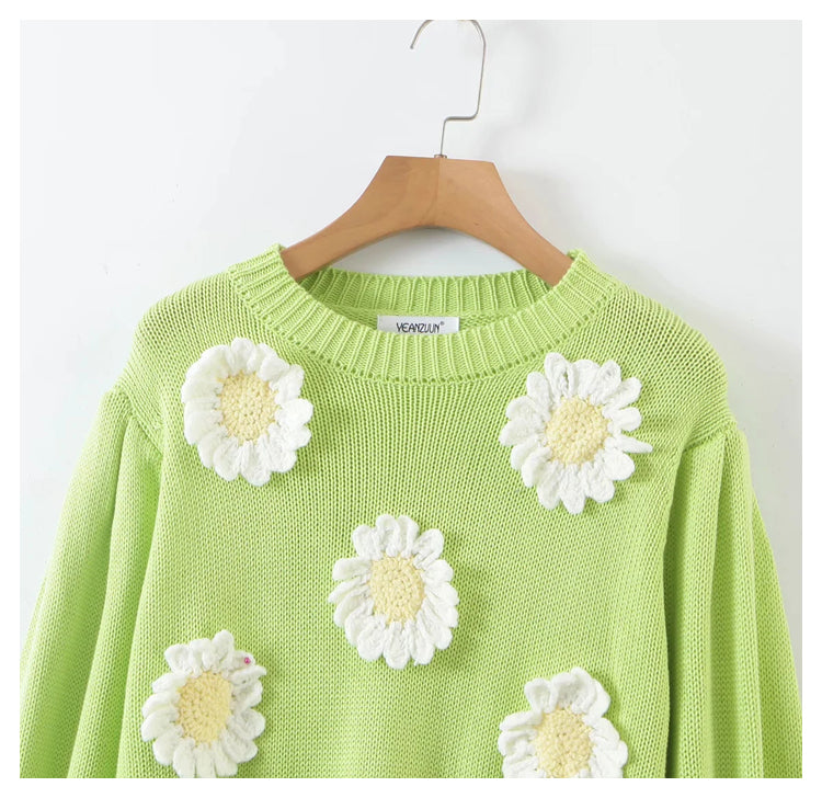 Three dimensional sunflower Pullover loose knitted sweater  7299